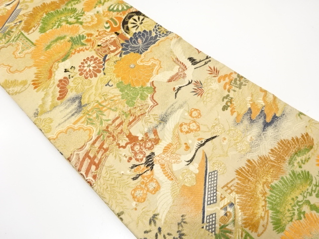 JAPANESE KIMONO / ANTIQUE MARU OBI / WOVEN MANSION & CRANE